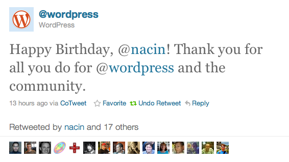 Tweet from @wordpress: Happy Birthday, @nacin! Thank you for all you do for @wordpress and the community.
